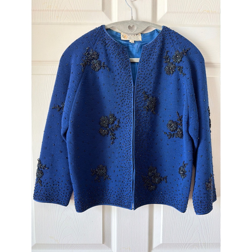 Banff Ltd Beaded Cardigan Women 8 Blue Wool Floral Vintage 60s Hong Kong